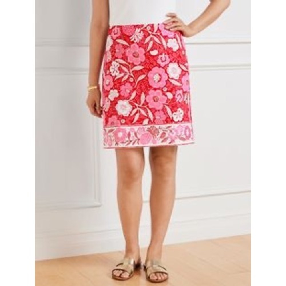 Talbots Skirt Womens 12 Red Pink White Floral Cotton Blend A-Line Lined